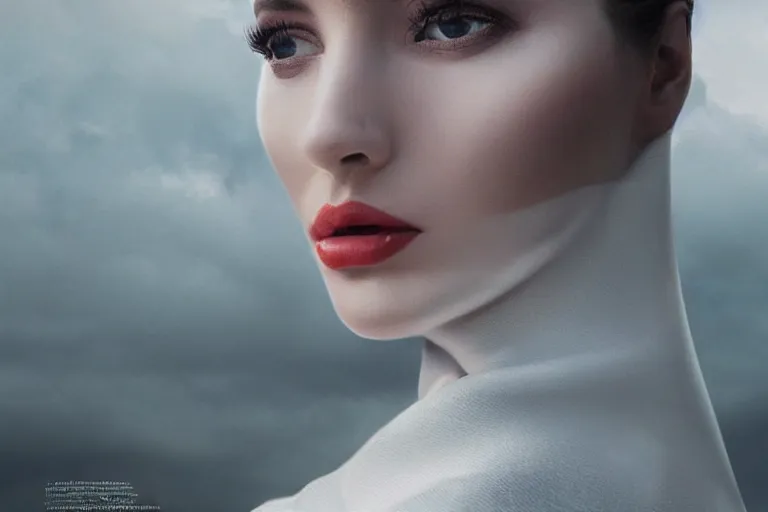 Prompt: a cinematic bust portrait of a beautiful model wearing long white futuristic coat on the top of a sky scraper, large diffused light, ultra realistic faces, 4 k, ultra realistic, dramatic lighting, rain, clouds, fog, neon, vogue, fashion, glamour, magazine spread, by!! marco mazzoni!!