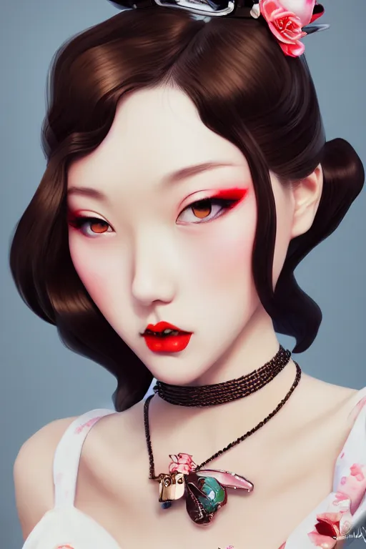 Prompt: a pin up and beautiful fashion and charming and dreamlke japan girl with lv jewelry, art by artgerm & jeehyung lee & wlop, hyperdetailed, 8 k realistic, symmetrical, frostbite 3 engine, cryengine, dof, trending on artstation, digital art, lv, dior