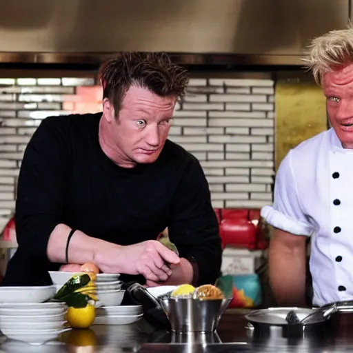 Prompt: jamie oliver fighting gordon ramsey, photo