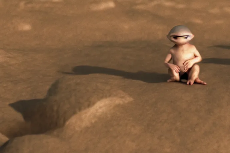 Prompt: vfx movie scene closeup adorable curios tiny little baby alien creature in moon desert eating a rock. by emmanuel lubezki