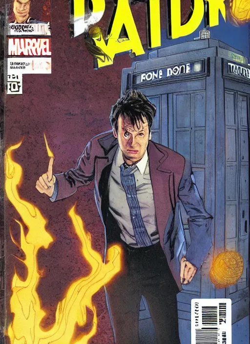 Image similar to A marvel comic book cover of the tenth doctor standing in front of the Tardis, daytime