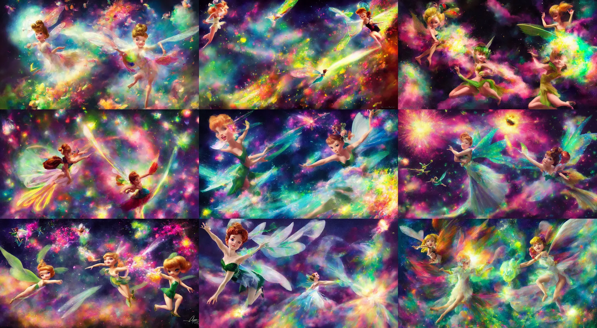 Prompt: portrait of tinker bell flying through a centered explosion of colorful powder on a black background, wlop, steve argyle, ilya kuvshinov, ralph horsley, rossdraw, mark ryden, daniel f. gerhartz, sophie anderson, lilia alvarado, tom chambers