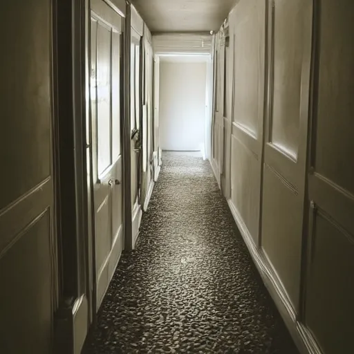 Image similar to very long hallway in a house, very creepy, dim lights, door at the end