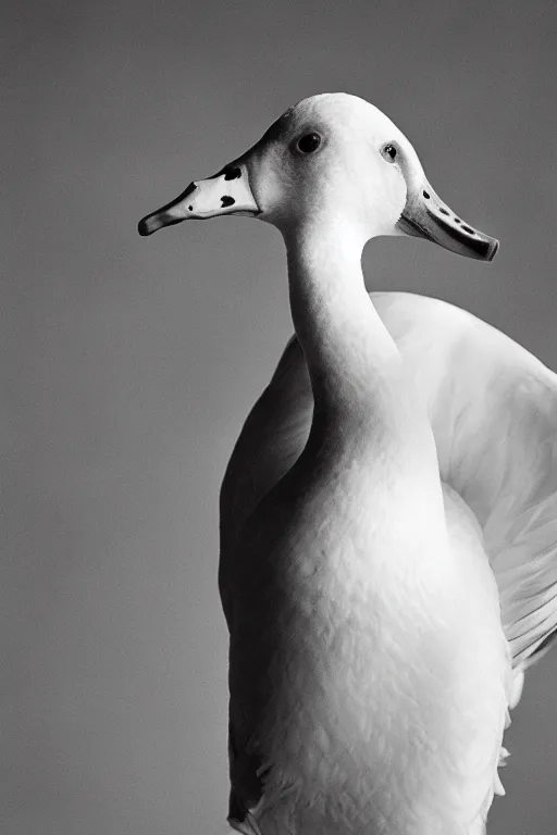 Image similar to ryan gosling fused with a white goose, wings, hands, natural light, bloom, detailed face, magazine, press, photo, steve mccurry, david lazar, canon, nikon, focus