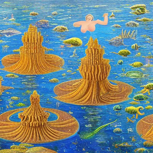 Image similar to highly detailed pleadian towers and worlds with mermaids swimming in the deep with blue hue oil painting