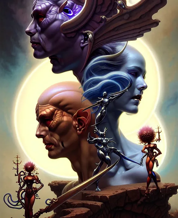 Image similar to beautiful gemini good and evil fantasy character portrait, ultra realistic, wide angle, intricate details, the fifth element artifacts, highly detailed by peter mohrbacher, hajime sorayama, wayne barlowe, boris vallejo, aaron horkey, gaston bussiere, craig mullins