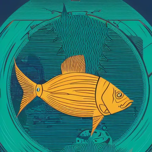 Image similar to one stylized fish in center of view, viewed in profile, dark ocean, complex patterns, artstation, intricate, realistic, highly detailed, digital painting, concept art, sharp focus, illustration by tom whalen and charles williams and kilian eng and james jean