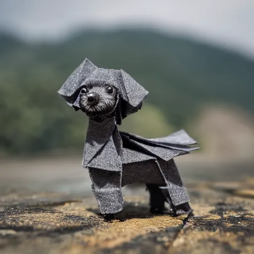 Image similar to a grey black hairless miniature toy poodle in the Taiwan valleys, made from origami, videogame still in Tekken 7, 40mm lens, shallow depth of field, split lighting