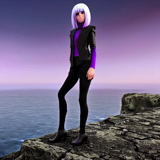 Prompt: 1 7 - year - old pale - skinned persian girl with black long bob cut, black gothic jacket, purple eyes, psychic girl, standing on cliff along the irish coast, overcast gray skies, anime, anime hd, octane render