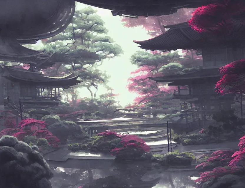 Prompt: japanese garden in a space fortress. this watercolor painting by the award - winning concept artist has cinematic lighting, an interesting color scheme and intricate details.