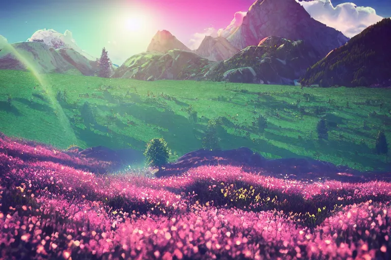 Prompt: mountain landscape in spring, flowers, teal landscape, dreamy light, sunny, floating particles, complementary palette, by and jacek yerga and jesse king, pop surrealist, wiccan, unreal engine, bokeh, detailed