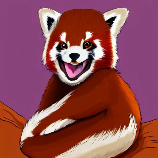 Image similar to commissioned full body portrait of an anthro!! red panda waking up in bed! and yawning, trending on furaffinity,