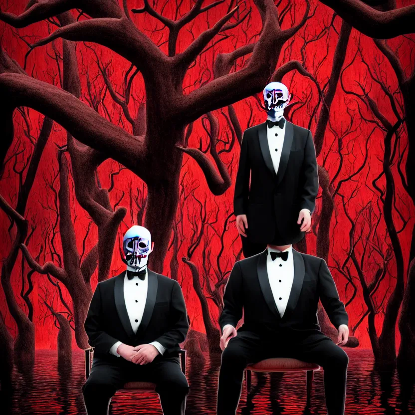 Image similar to a portrait of a man in a tuxedo with five heads, twelve arms, and sixteen legs, sitting on chair made of human limbs, the chair is floating in a lake of blood, surrounding the lake are melting trees, digital art, hyperrealistic nightmare scene, supernatural, highly detailed, creepy, terrifying