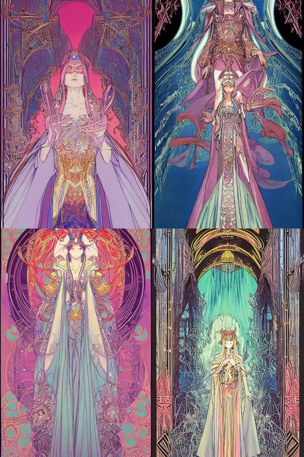 Prompt: wandering priestess in ornate art deco cape, fantasy book illustration by yoshitaka amano, moebius, bright pastel colors