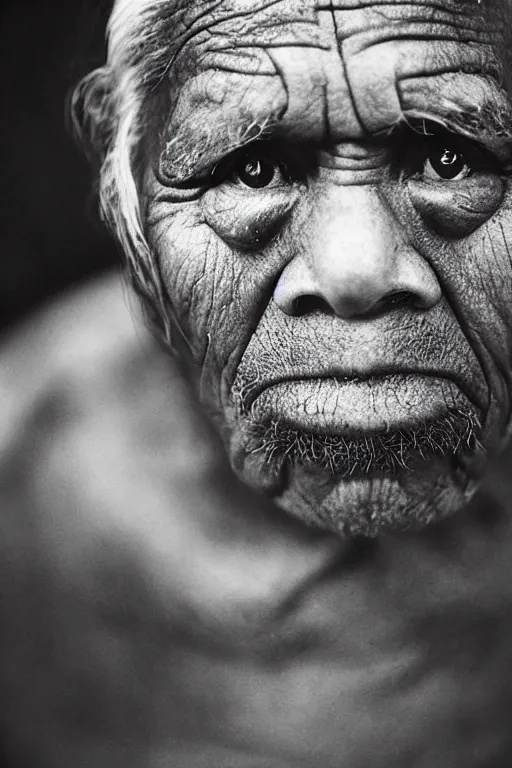 Prompt: one old indigenous man with micron pen ink tattoos stares at the camera, night sky, stars, bruce gilden, leica s, fuji 8 0 0, grainy, low light