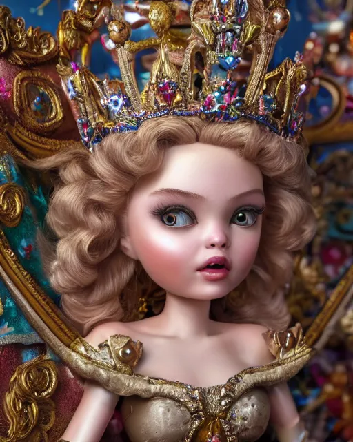 Image similar to highly detailed closeup, face profile portrait of a tin toy fairytale princess wearing a crown and sitting on a throne, bikini, depth of field, fashion photoshoot by nicoletta ceccoli, mark ryden, lostfish, dan decarlo, bob clampett, max fleischer, breathtaking, detailed and intricate environment, 8 k resolution, hyperrealistic, octane render