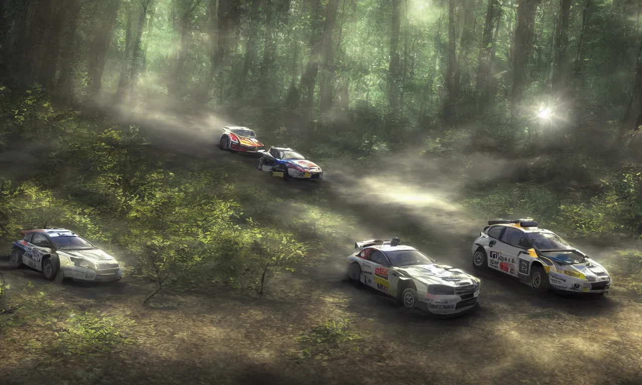 Image similar to 3 rally cars racing through a forest with a river behind them, sun shining through the trees, pencil sketch motion blur high detail ultra realistic 8k,