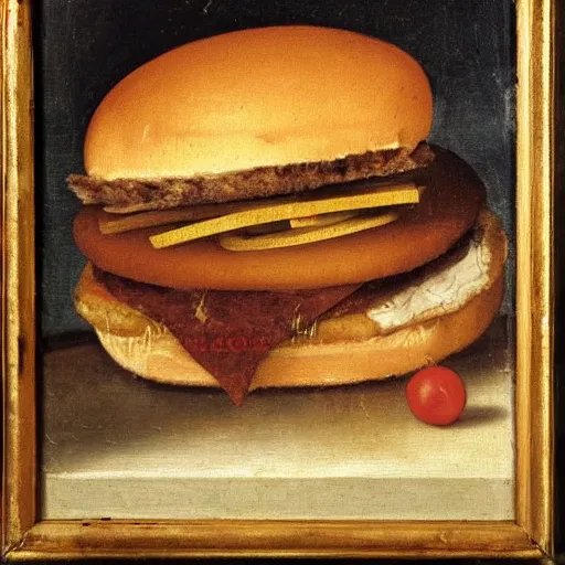 Prompt: a renaissance oil painting of a cat eating a cheeseburger