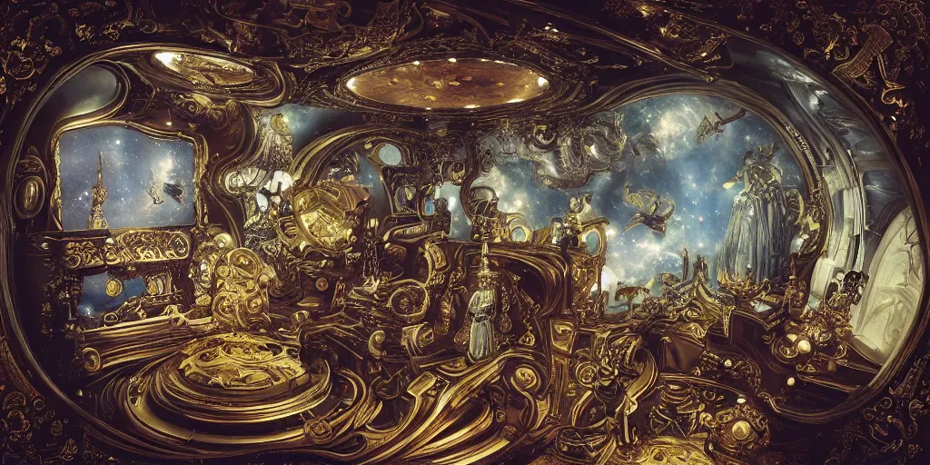 Opulent Baroque Steampunk Spaceship Interior Viewport Stable