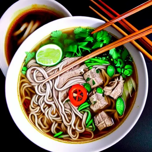 Image similar to realistic photo of delicious pho, ramen, highly detailed, by marc haydon, kailee mandel, masterpiece, award winning, food photography