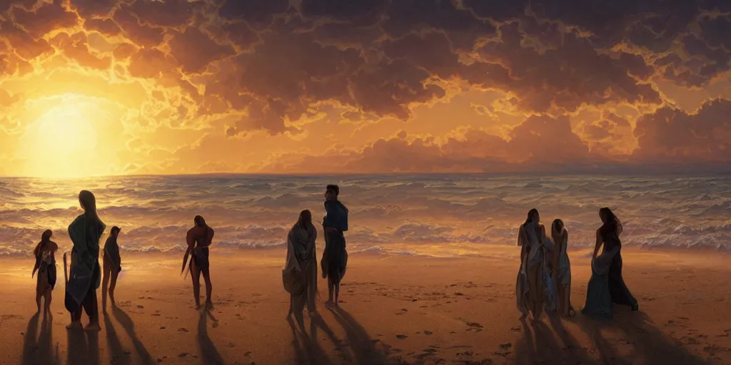 Image similar to four people watching sunset on a beach with a close planet's surface covering most of the sky, intricate, highly detailed, digital painting, trending on artstation, concept art, smooth, illustration, cinematic lighting, art by artgerm and greg rutkowski and alphonse mucha