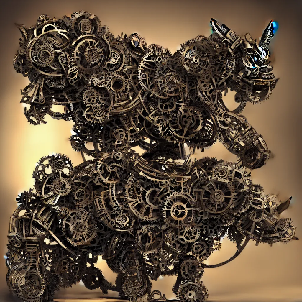 Image similar to portrait of a mechanical rhinoceros with gears, ornamental,photorealistic, wide angle, cinematic atmosphere, elaborate, highly detailed, ornate, shiny, dramatic lighting, octane render,