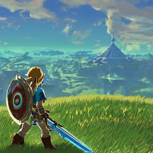 Image similar to detailed scenery from the legend of zelda breath of the wild, breath of the wild art style.