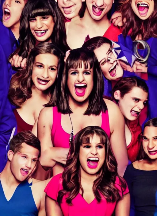 Prompt: glee sequel poster where rachel berry is the villain, evil lea michele cackling maniacally, with text, dark disturbing version of glee, airing in 2 0 2 3