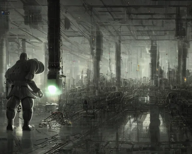 Prompt: gloomy colossal ruined server room in datacenter robot figure automata headless robot knight welder posing pacing fixing soldering mono sharp focus, emitting diodes, smoke, artillery, sparks, racks, system unit, motherboard, by pascal blanche rutkowski artstation hyperrealism painting concept art of detailed character design matte painting, 4 k resolution blade runner