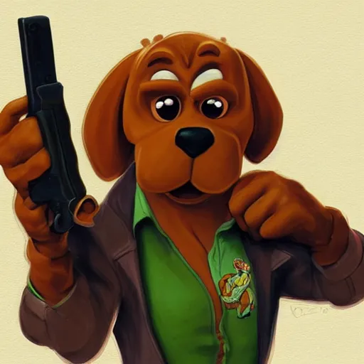 Image similar to scooby doo holding a gun, highly detailed portrait, digital painting, artstation, concept art, smooth, sharp foccus ilustration, Artstation HQ