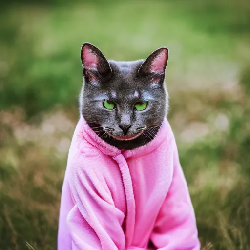 Prompt: high quality photograph of a cat wearing a beautiful pink robe