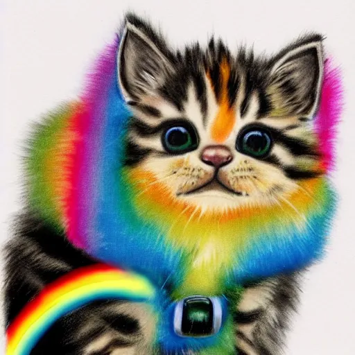 Image similar to wide angle full body, of a fluffy cute rainbow kitten wearing a black motorcycle jacket, concept art