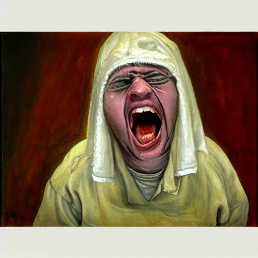 Image similar to a screaming prisoner holding prison bars, realism old painting, oil painting