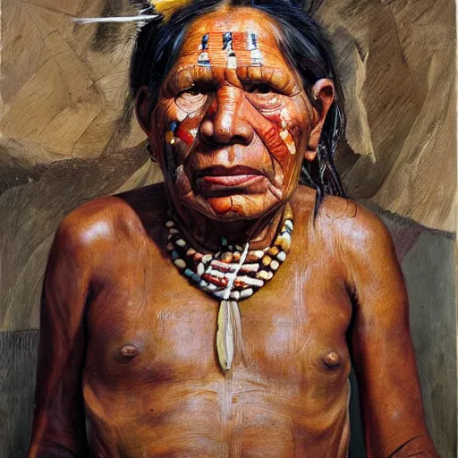 Image similar to high quality high detail painting by lucian freud and jenny saville, hd, full body of a indigenous tribe leader, photorealistic lighting