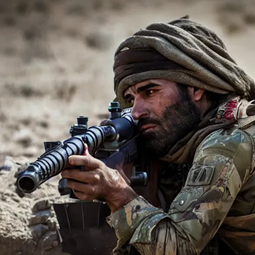 Image similar to kurdish ypg sniper in a movie directed by christopher nolan, movie still frame, promotional image, imax 7 0 mm footage, 8 k uhd