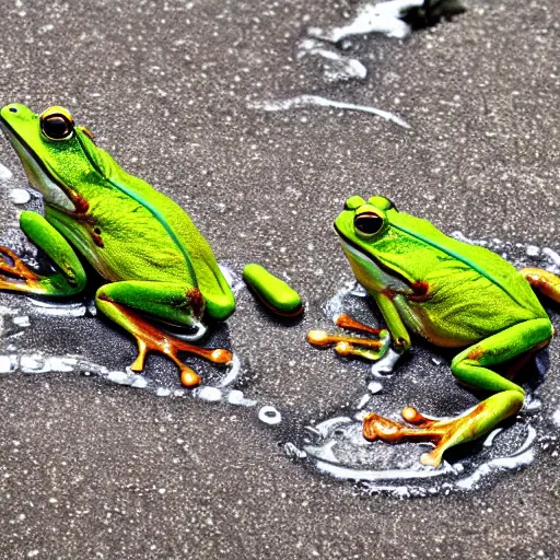 Prompt: melting frogs, dramatic photo