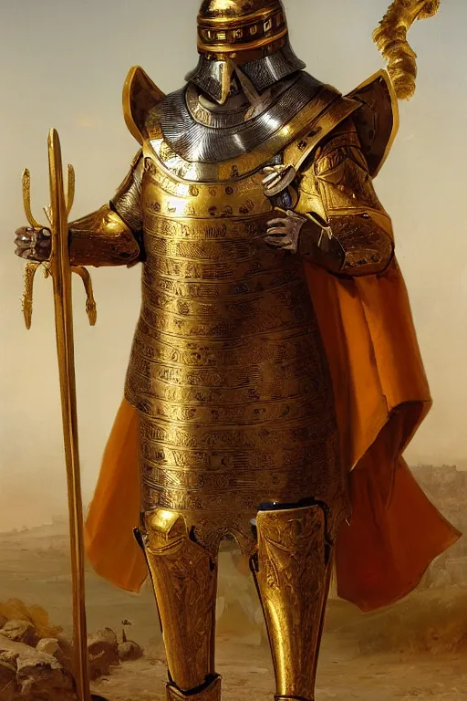 Image similar to man looking forward in decorated with gold baroque style christian crusader armor, cylindrical helmet covering all his head decorated with golden cross on front it's front and white cape covering most of his body standing at the gates of jerusalem drawn by greg rutkowski realistic high detail