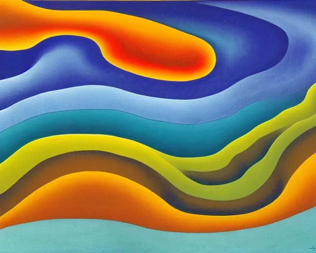 Prompt: An insane, modernist landscape painting. Wild energy patterns rippling in all directions. Curves, organic, zig-zags. Saturated color. Mountains. Clouds. Rushing water. Georgia O'Keeffe. Zao Wou-ki. Dali.