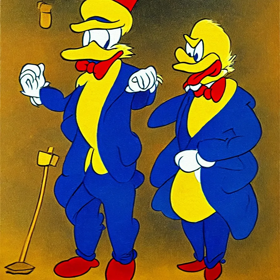 Image similar to Scrooge McDuck from the Duck Tales in blue costume standing on a mountain of golden gold and holding a cane, view from below, full body portrait including head, oil painting, highly detailed