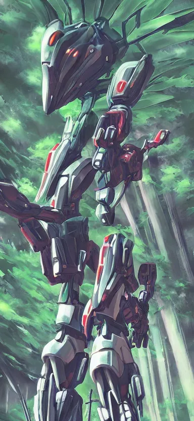 Prompt: giant humanoid plant mecha, forest, key art, sharp lines, towering above a small person, aesthetic, anime, trigger, shigeto koyama, hiroyuki imaishi