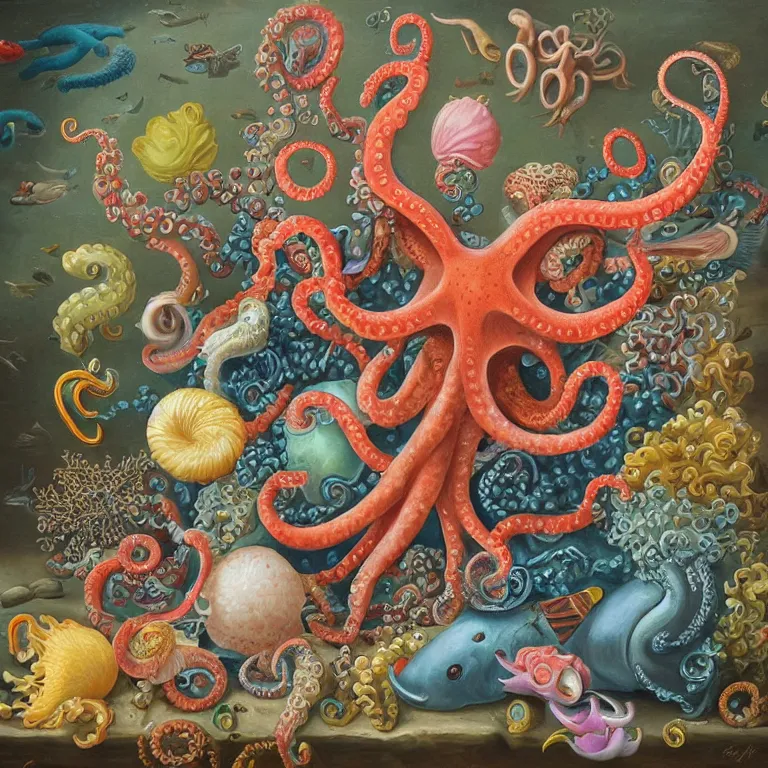 Prompt: kevin sloan painting of crowded still life of octopus tentacle, various colorful fish, seaweed, coral, pearls, shells, conch shell, star fish, seahorse, dutch masters style, insanely detailed