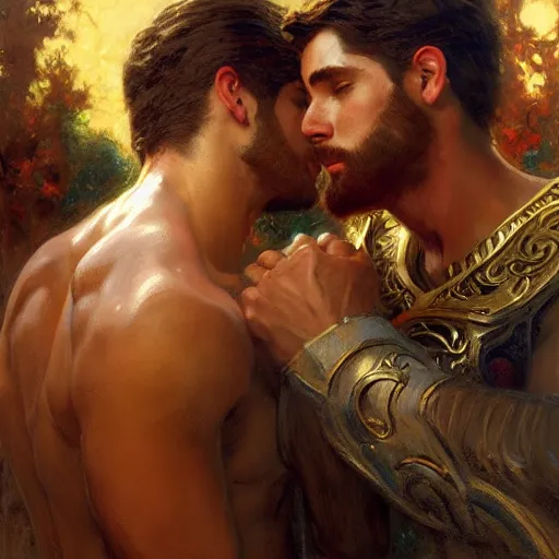 Image similar to attractive fully clothed king confesses his love for his attractive fully clothed male prince. highly detailed painting by gaston bussiere, craig mullins, j. c. leyendecker 8 k