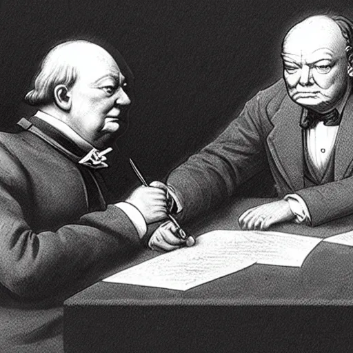 Image similar to Photoreal depiction of Leonardo from TMNT signing a peace treaty with Winston Churchill, in Parliament