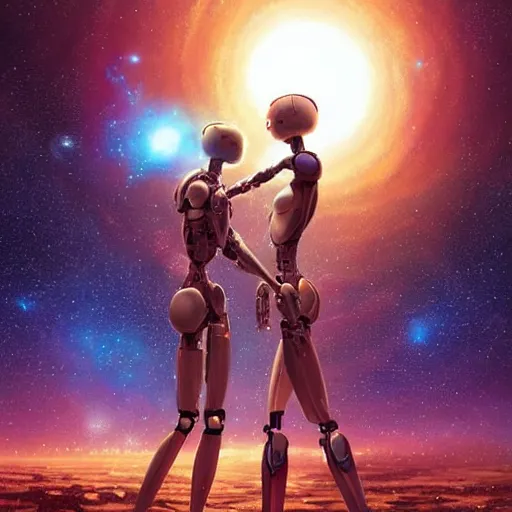 Prompt: digital painting of two humanoid robots hugging each other, supernova in the background, cosmic and stars and planets and galaxy, stunning, surreal, cinematic lighting, concept art by greg rutkowski and simon stalenhag