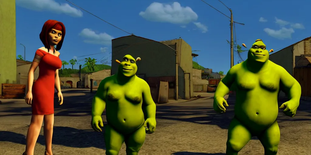 Prompt: Shrek and fiona in GTA San Andreas, cinematic shot, highly detailed, 4k