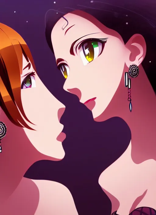 Image similar to two beautiful mothers taunting each other, gorgeous faces, beautiful earrings, smooth, thick lines, cinematic lighting, detailed anime art