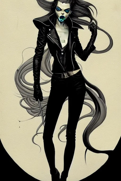 Image similar to rafael albuquerque comic art, art nouveau, peter mohrbacher, artgerm, pretty anya taylor - joy vampire sharp vampire teeth open mouth, black leather jacket, jeans, long blonde hair, full body