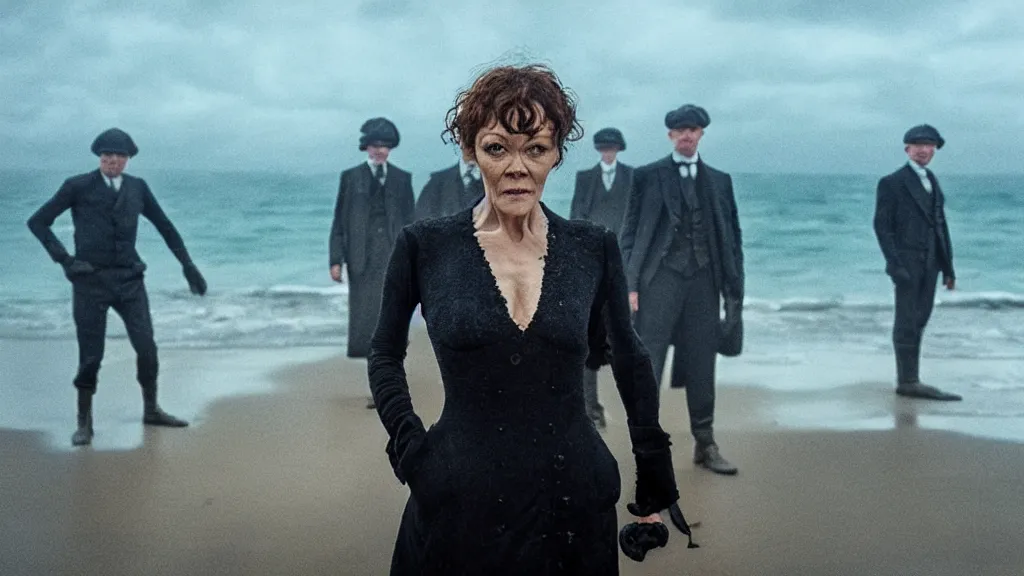 Prompt: photo of Helen McCrory coming out of the ocean, extreme detailed face, Peaky Blinders crew on the background, film still from the movie directed by Denis Villeneuve with art direction by Zdzisław Beksiński, wide lens