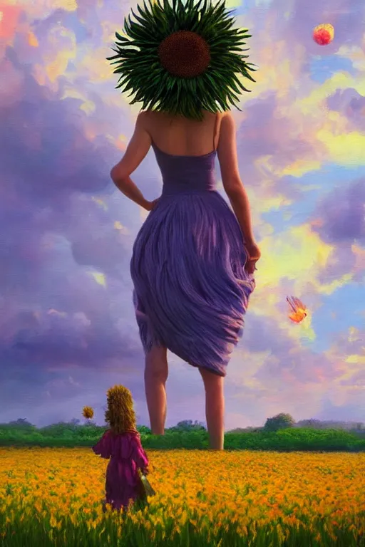 Image similar to giant corn flower head, girl walking in a flower field, surreal photography, sunrise, dramatic light, impressionist painting, colorful clouds, digital painting, artstation, simon stalenhag