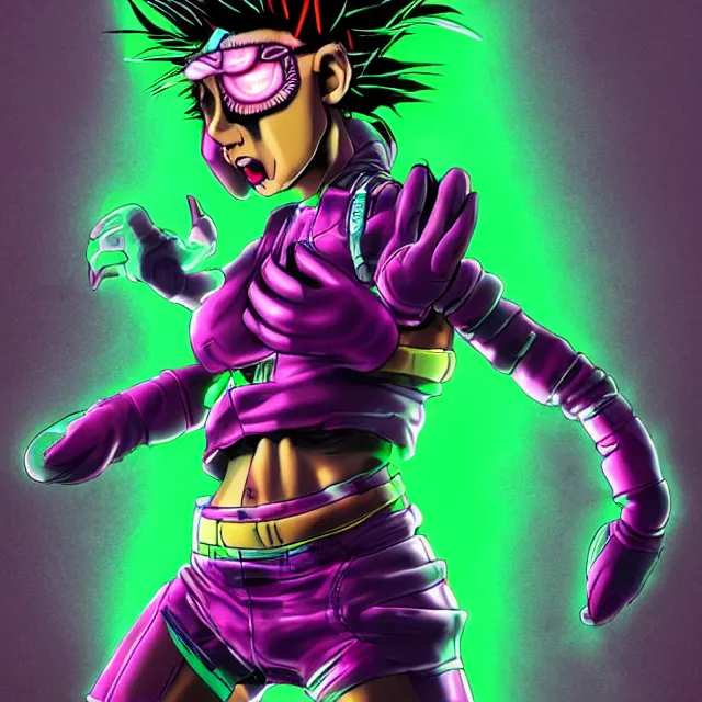 Image similar to a female mutant punk / raver using her mutant electrical powers in the style of akira toriyama in the style of hirohiko araki trending on artstation deviantart pinterest hyper detailed photorealistic highlights and shadow hd 8 k post - processing high resolution in color